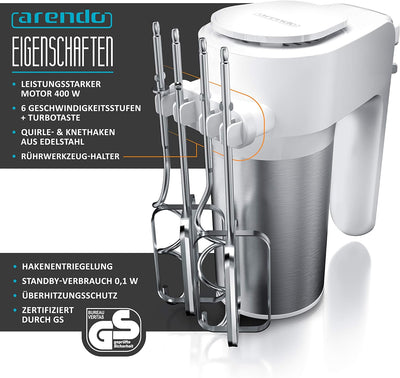 Arendo - Elektrischer Handmixer Edelstahl 400 W - Handrührer mit 5 Geschwindigkeiten inkl. Turbofunk