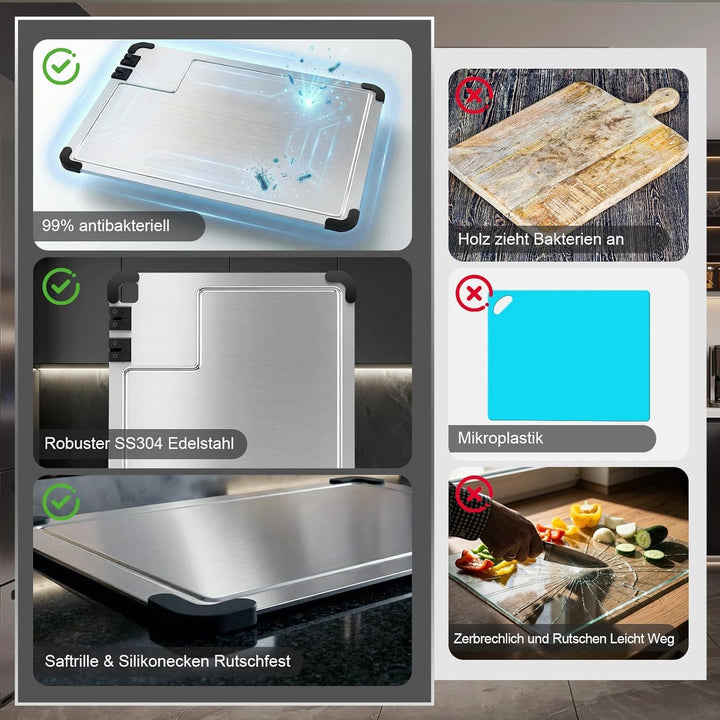 Schneidebrett Edelstahl Upgrade - Cutting Board Antibakterielles Schneidebretter mit Saftrille, Inte