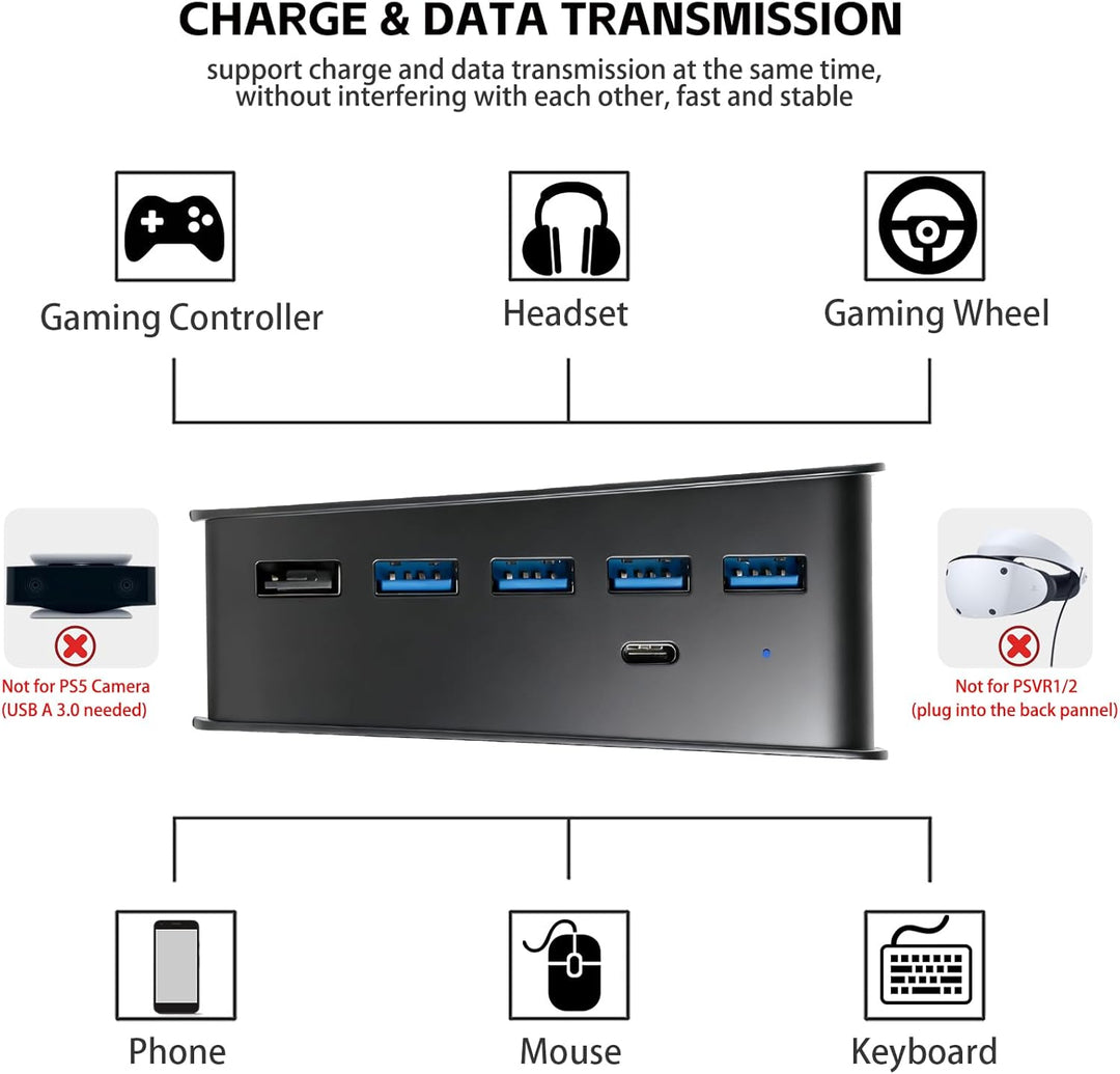 6 Port USB Hub für PS5, High-Speed Expansion Hub Charger Splitter Adapter mit 4 USB + 1 USB Charging