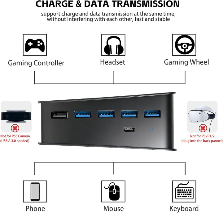 6 Port USB Hub für PS5, High-Speed Expansion Hub Charger Splitter Adapter mit 4 USB + 1 USB Charging