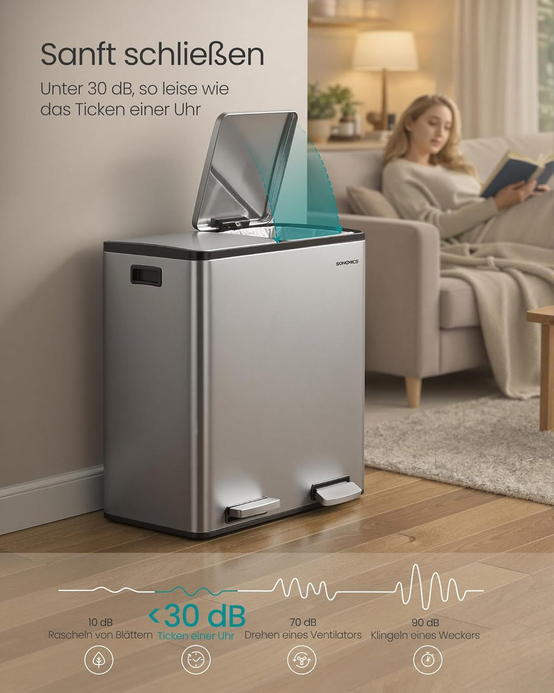 SONGMICS Mülleimer Küche, 2 x 30 L, Mülltrennsystem 2 Fächer, Abfalleimer mit 15 Müllbeuteln, Tretmü
