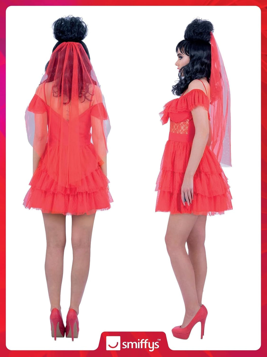 Smiffys Beetlejuice Lydia Bride Erwachsenenkostüm Kleid und Schleier in Rot mit durchsichtigen Ärmel