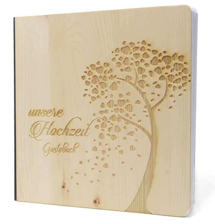 Hochzeit Gästebuch mit edlem Echtholz Zirbenholz Cover in der Grösse 20 x 20cm 192 beschreibbare Sei