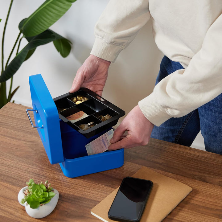 Relaxdays Geldkassette abschliessbar, entnehmbarer Einsatz, 5 Fächer, Geldkasten Eisen, HxBxT: 8,5 x