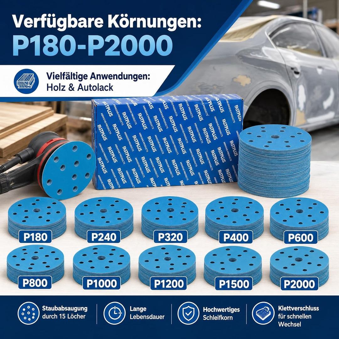 Keramik Schleifscheiben 150mm Klett 15-Loch Nass, 50x Körnung 180 | Perfektes Schleifpapier für den