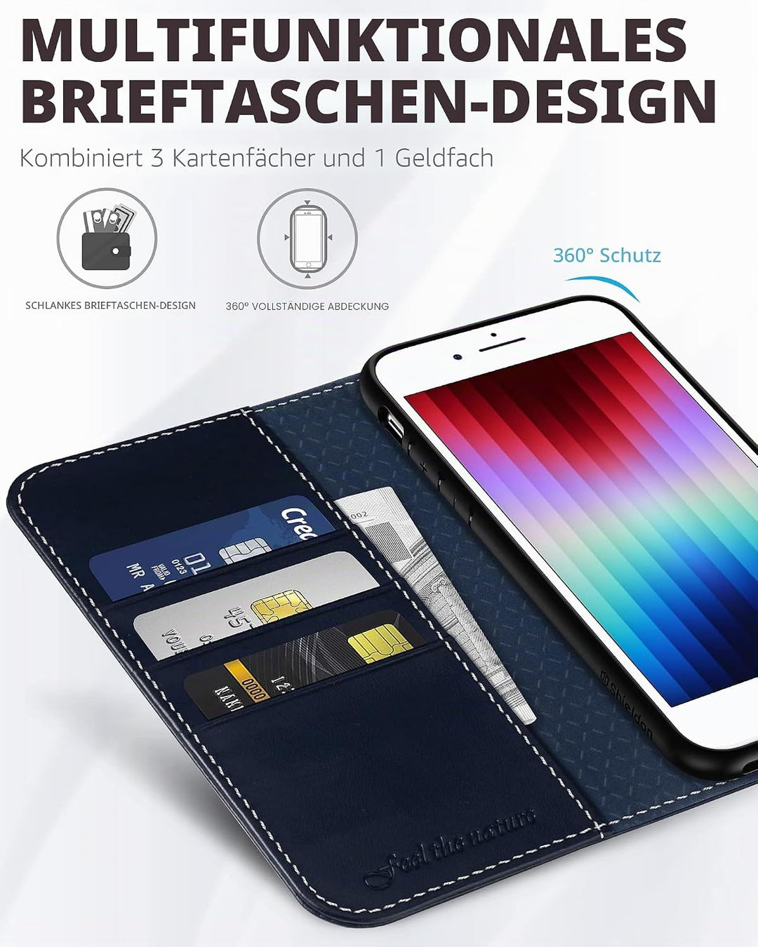 SHIELDON Hülle für iPhone SE 2022 5G /iPhone 8 Handyhülle [Erstklassig Rindsleder] [Kartenfach] [Sta