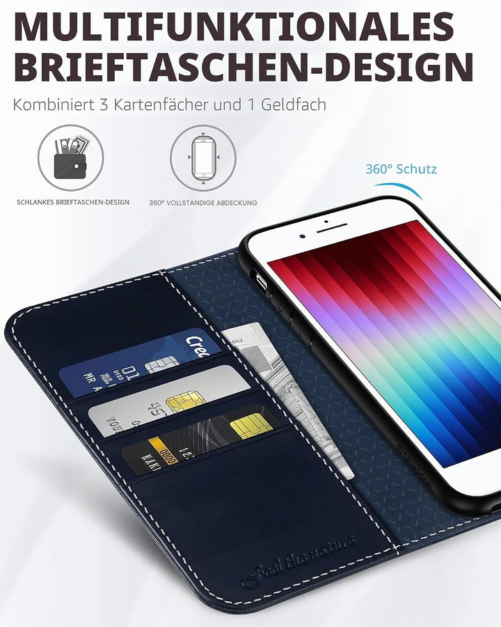 SHIELDON Hülle für iPhone SE 2022 5G /iPhone 8 Handyhülle [Erstklassig Rindsleder] [Kartenfach] [Sta