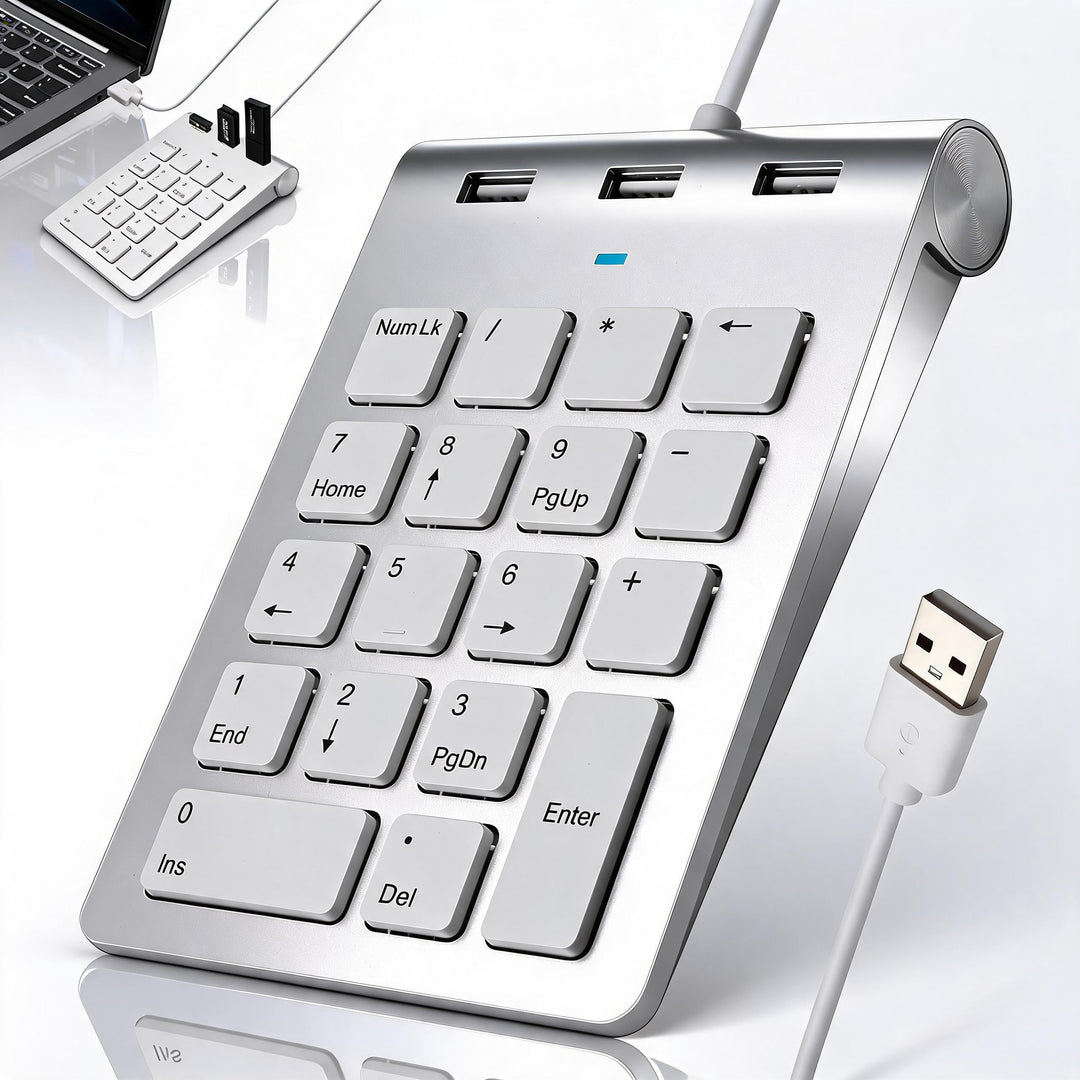 Numpad Wired USB-A Numeric Keypad Wired Numpad mit 3 USB 2.0 Hub Nummernblock Tastatur 18 Tasten 15°