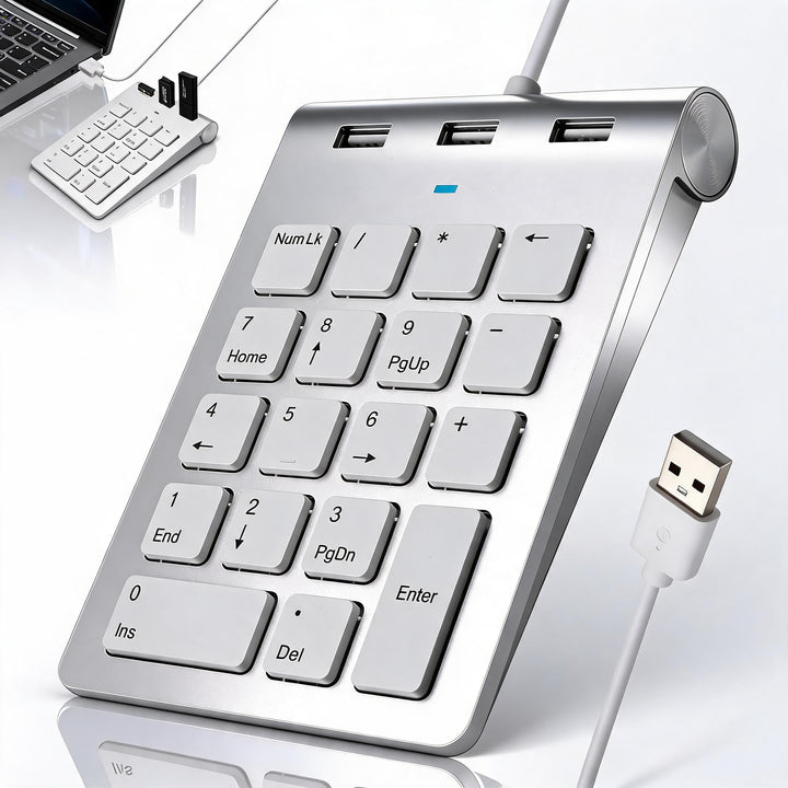 Numpad Wired USB-A Numeric Keypad Wired Numpad mit 3 USB 2.0 Hub Nummernblock Tastatur 18 Tasten 15°