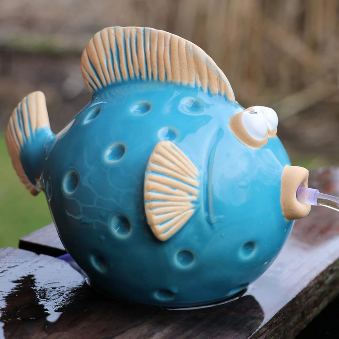 Storm's Gartenzaubereien Wasserspeier Fisch mit Solarpumpe blau aus Keramik für Miniteich oder Weinf