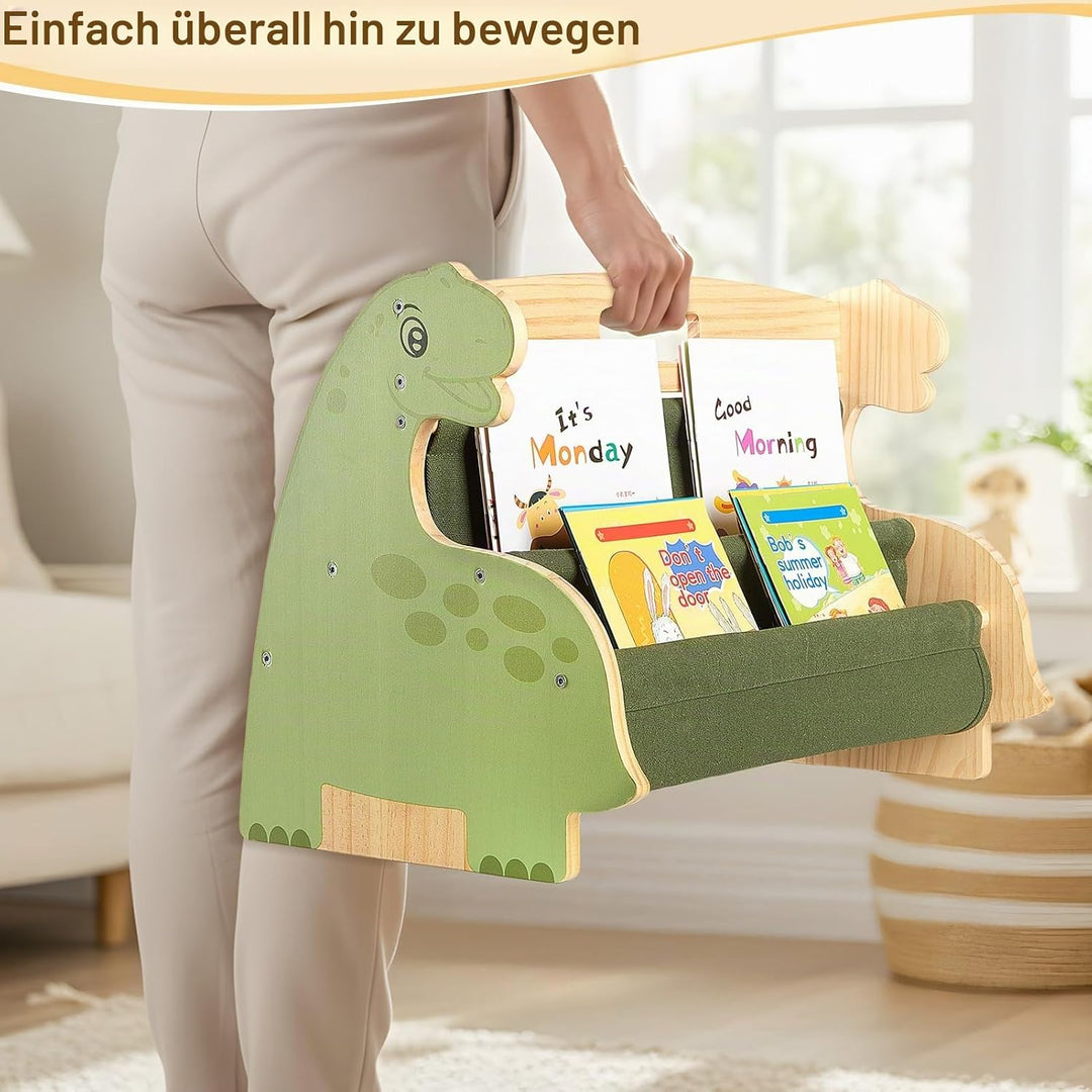 MHJY Bücherregal Kinder, doppelseitiges Holzregal mit robusten Canvas-Taschen, Montessori Stil, trag