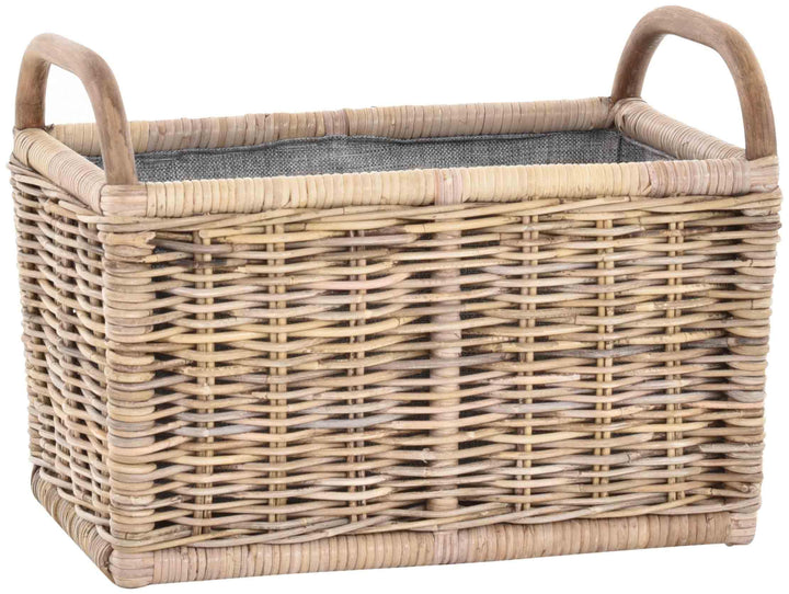 Holz Tragekorb mit Griffen Holzkorb mit Inlett Aufbewahrung Rattan Korb mit Henkel (Grau Natur, Klei