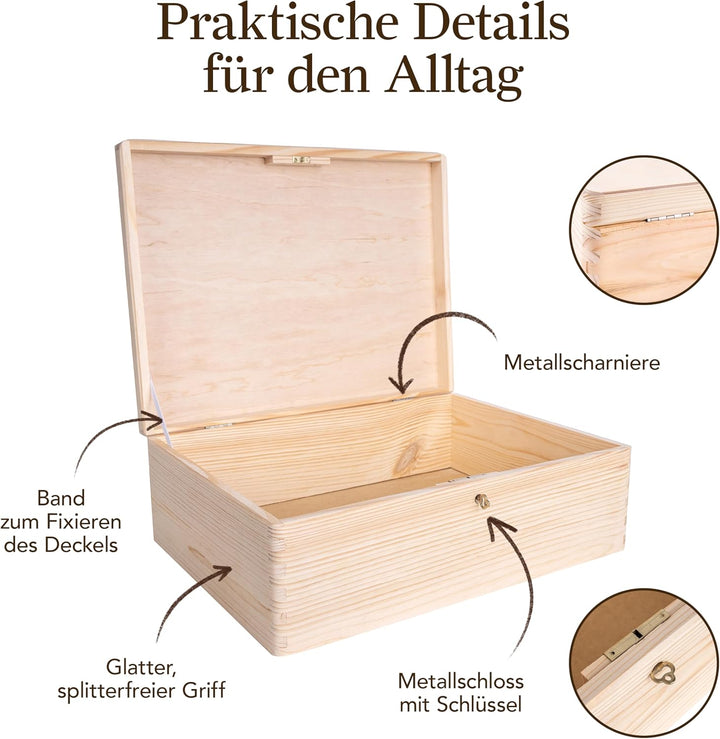Creative Deco XL Grosse Holzkiste mit Deckel und Schlüssel | 40x30x14 cm (+/-1cm) | Erinnerungsbox B