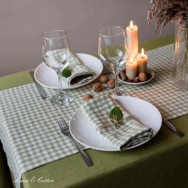 Linen &amp; Cotton Tischläufer Stoff Tischdekoration Tischwäsche Estella - 100% Leinen, Weiss Weiss Grün