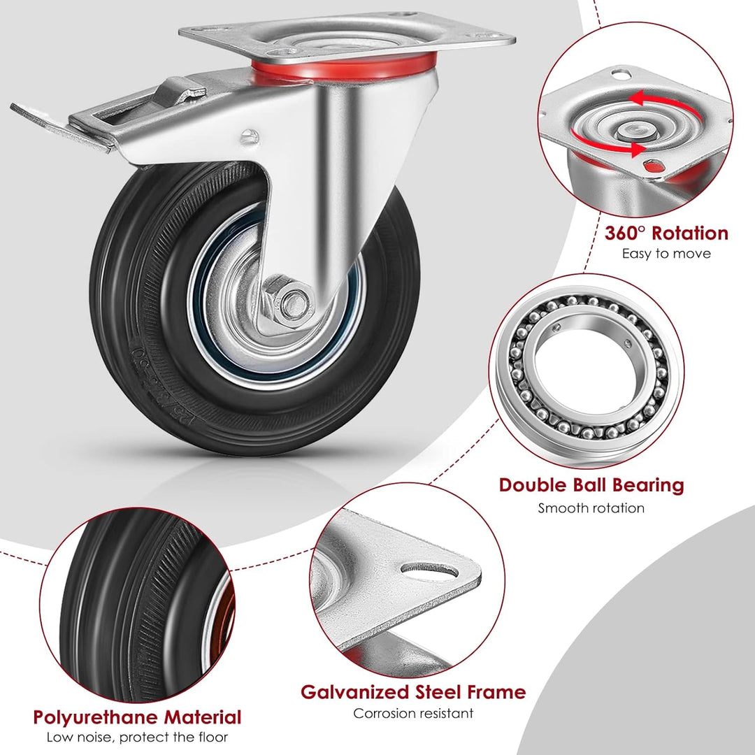 8 Stück Schwerlastrollen 200mm Lenkrollen Transportrollen mit Bremse bis 650kg Palettenrollen Rollen