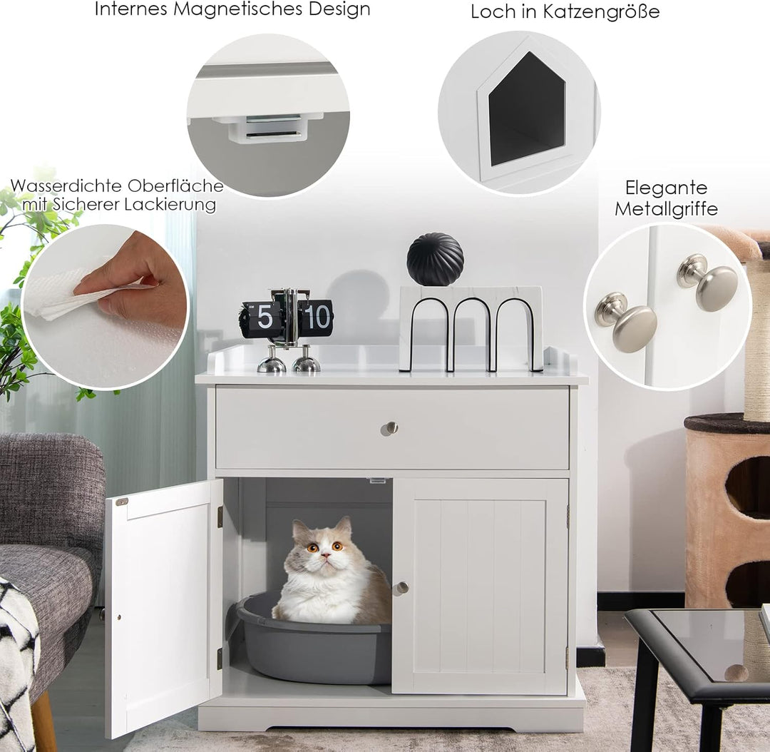 COSTWAY Katzenschrank mit Schublade & Tür & Eingang, 3-in-1 Katzenhaus Katzentoilette Beistelltisch,