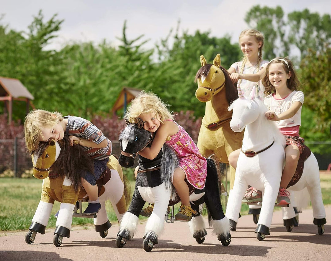 PONNIE Reitpferd mit Rollen Zebra M (5-12 Jahre), Spielpferd zum Reiten mit Abnehmbarer Braun Sattel