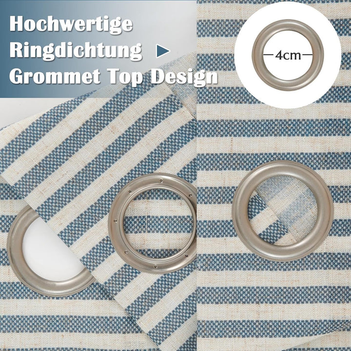 TOPICK Vorhänge Gestreifte Gardinen Modern 2er Set H145xB130 Blau Beige | Leinen Vorhänge Leinenopti