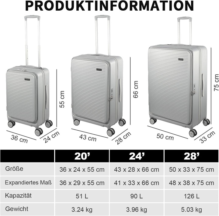 Polycarbonat Hartschalenkoffer Set 3-teilig, Spezielles Frontöffnungssystem mit Organizer-Fach, Erwe