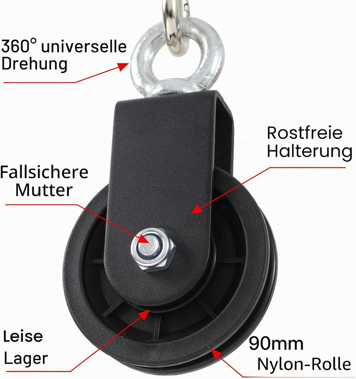 Gym Pulley System 90mm Pulley Wheel with 2 Hanging Strap Carabiner, Fitness Swivel Pulley Wheel for