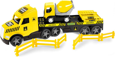 Wader 36460 - Magic Truck Tieflader mit Betonmischer, Absperrgittern und Rampen, ab 3 Jahren, ca. 79