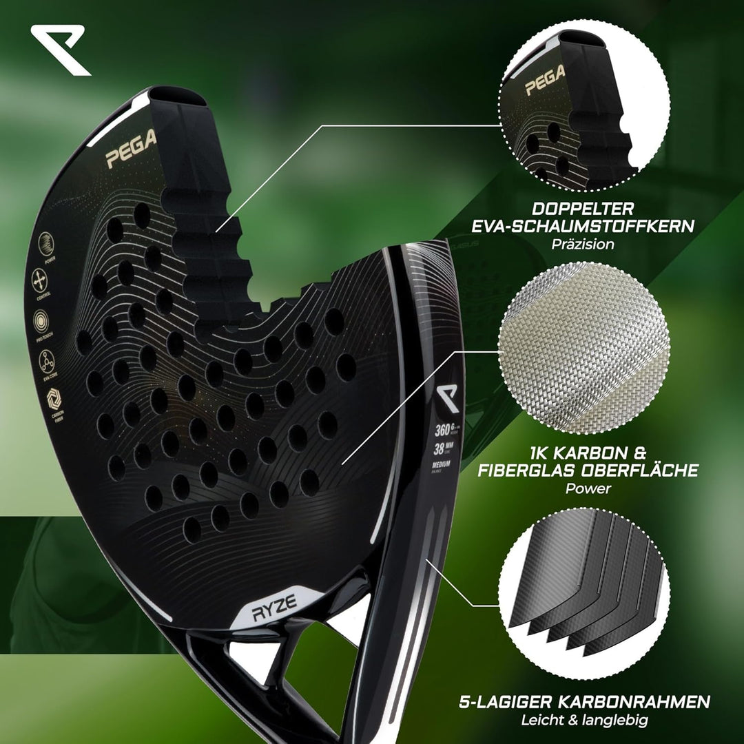 RYZE PEGASUS – Padel Schläger aus 100% Kohlefaser - Maximale Power & Kontrolle - 360g Leicht & Langl
