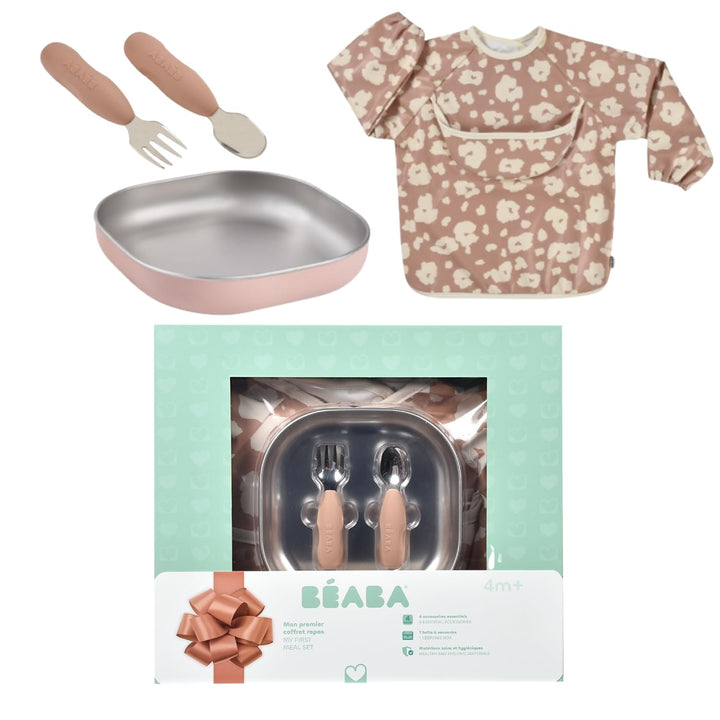 BÉABA Baby-Essensset Geschenkset ab 4 Monaten – Edelstahl-Teller mikrowellengeeignet, Ergonomisches