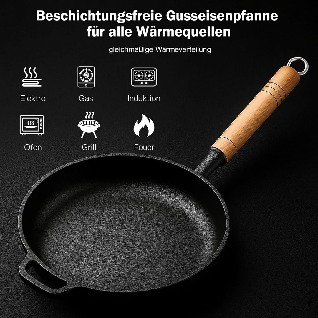 Gusseisenpfanne mit Holzgriff abnehmbar, pfanne gusseisen ohne Beschichtung, Gusspfanne für alle Her