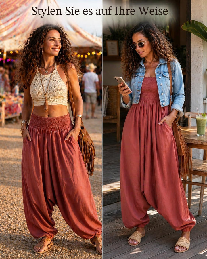 likemary Jumpsuit Damen Sommer – 2-in-1 Baumwoll Einteiler & Haremshose mit Taschen – Luftige Boho P