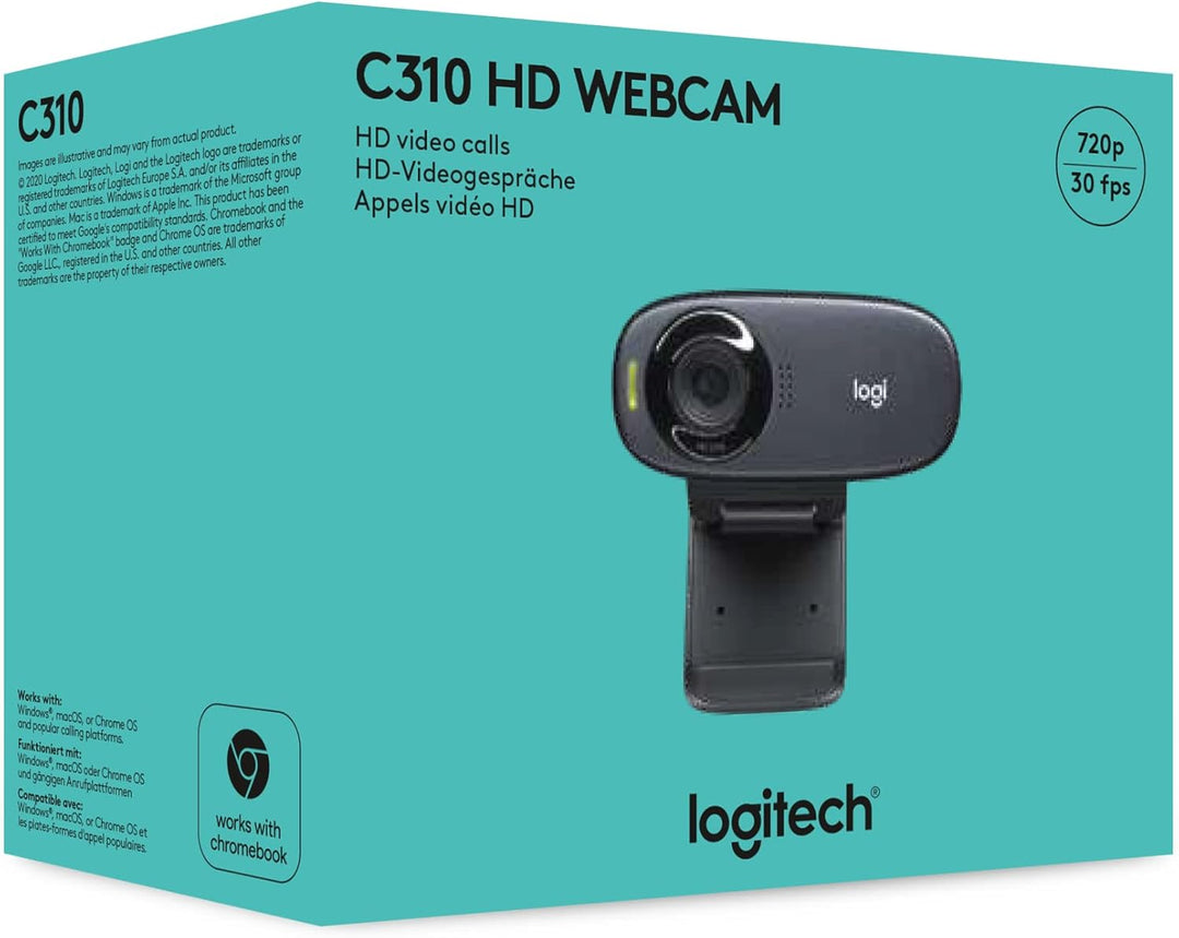 Logitech C310 Webcam, HD 720p, 60° Sichtfeld, Fester Fokus, Belichtungskorrektur, USB-Anschluss, Rau