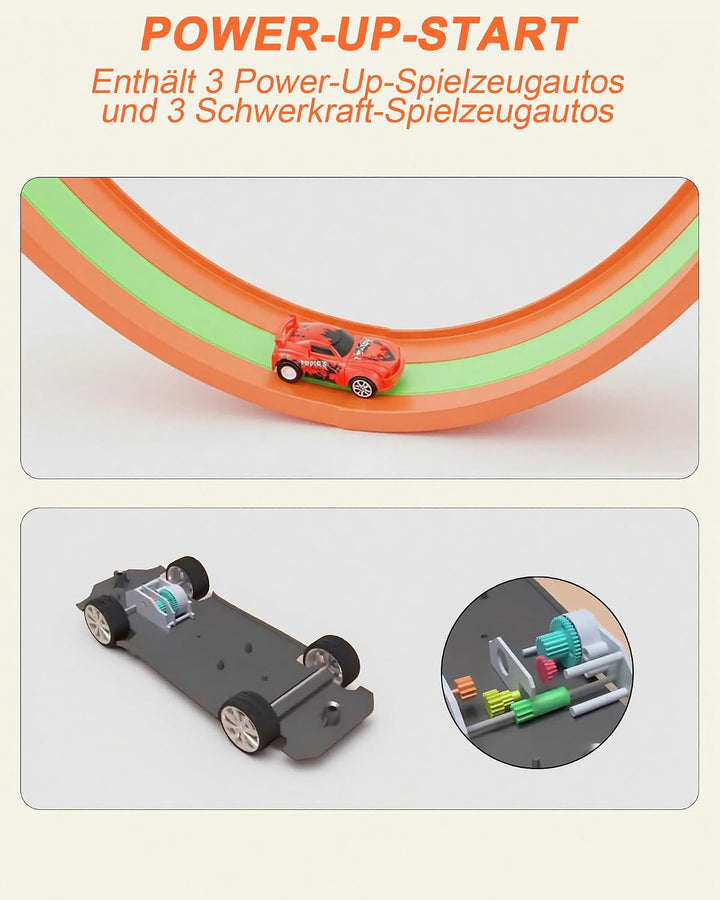 Flexible 3-Spur-Rennbahn für Kinder, 5 m Lange aufrollbare Rennbahn mit 6 Autos, batterieloses Set o