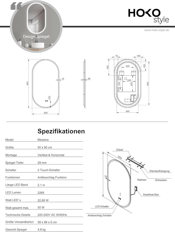 HOKO Design ANTIBESCHLAG Badezimmer Spiegel oval 50 x 90 cm. HOCH + QUER Montage möglich. Grosser LE