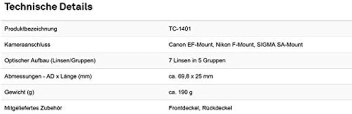 Sigma 1,4-fach Telekonverter TC-1401 für Nikon F Mount für Nikon Single, für Nikon Single