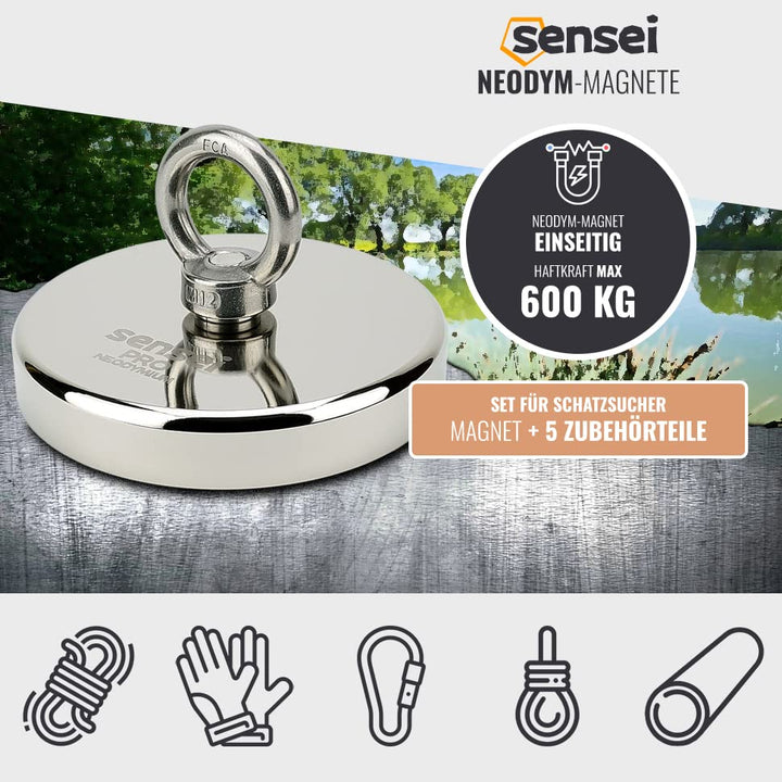SENSEI Set 600 kg, N52 Neodym-Magnet mit Öse, Ø12 x H2 cm, Segelseil 25 m, Schutzhandschuhe + Zubehö