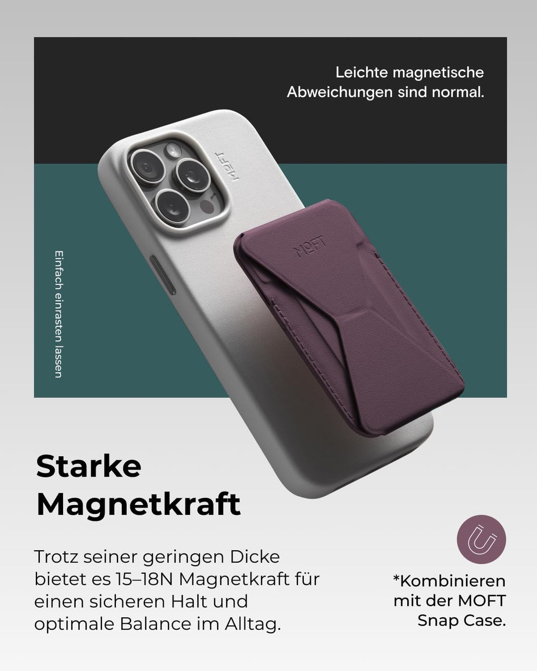 MOFT Magnetische Wallet Ständer für iPhone 15/14/13/12 Serie Kompatibel mit MagSafe, MOVAS Vegan Led