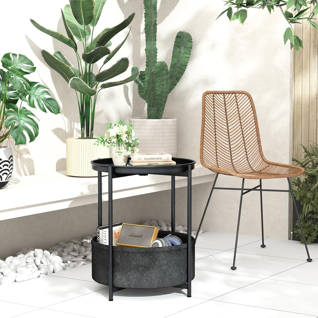 Beistelltisch Rund, Kleiner Tisch, Metall Balkontisch, Sofatisch 2 Ebenen, Couchtisch mit Korb aus S