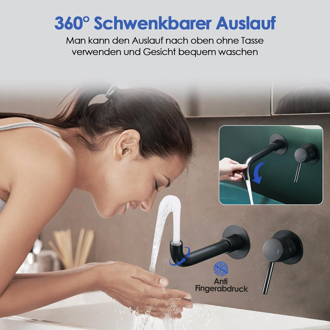 ROVOGO Waschtischarmatur Unterputz Schwarz für Wandmontage, 2-Loch Wasserhahn Bad mit 360° Drehbarem