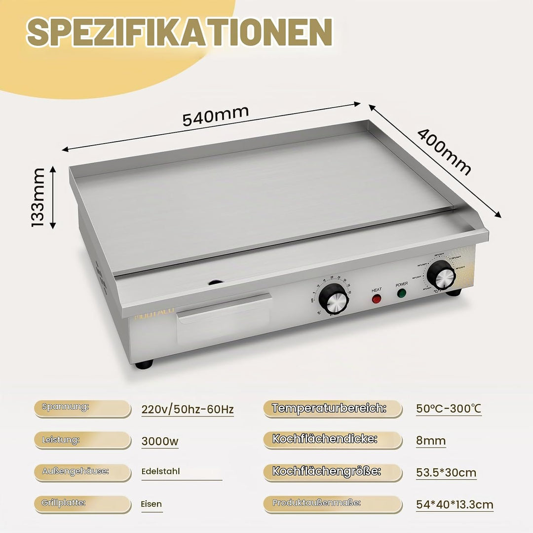 MOOTACO Elektrische Grillplatte mit Zeitschaltuhr, Profi Gastro Elektrogrill mit 54 cm Grillfläche,