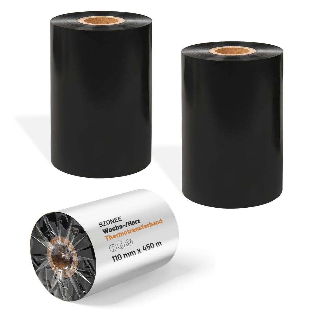 2 Rollen Harzverstärktes Wachsfarbband 110mm x 450m – 25mm-Kern Thermotransferband für Barcode-Etike