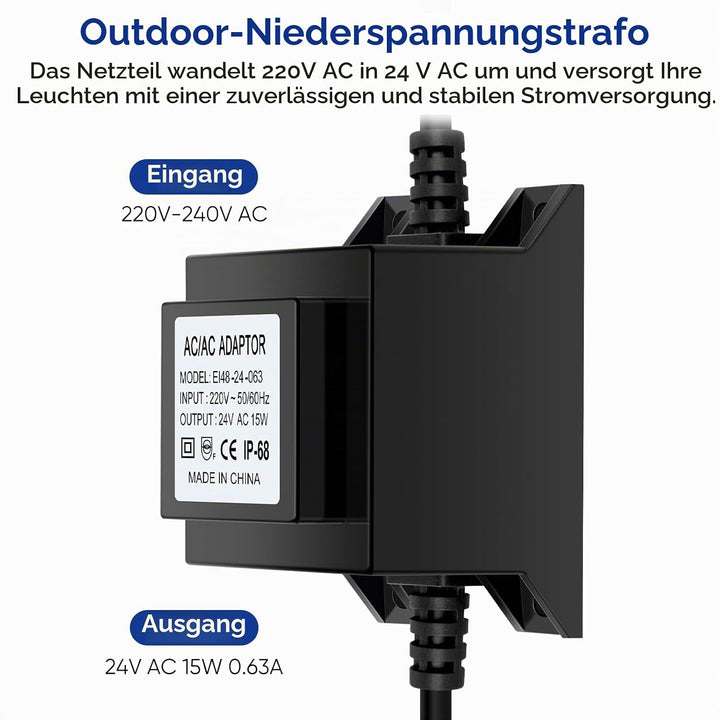 Karyoosi LED Trafo 24V Netzteil AC/AC 15W, Aussen Steckernetzteil Transformator IP68 für LED-Beleuch