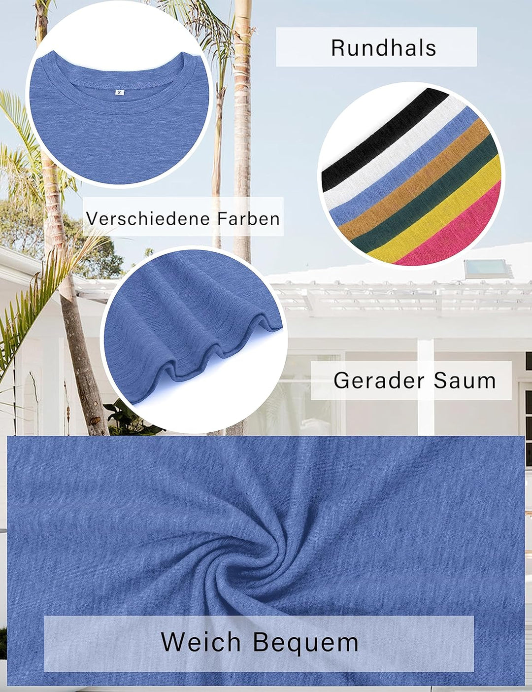 Beluring Damen Tshirt Rundhals Oberteile Basic Kurzarm/Langarm Longshirt Bluse Tops M Stil A: Blau,
