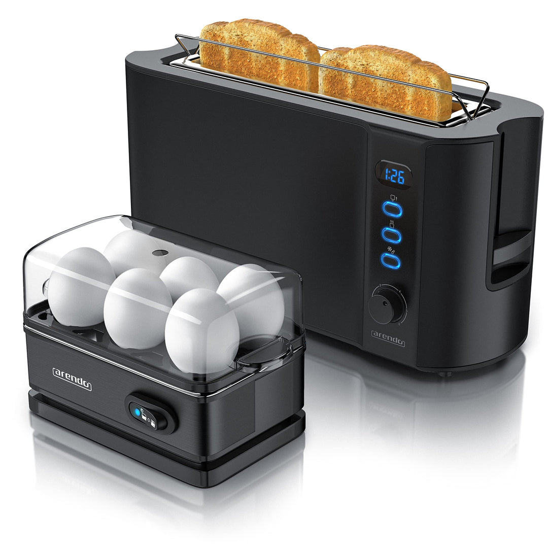 Arendo - SET Toaster FRUKOST mit Eierkocher SIXCOOK Edelstahl Schwarz, Toaster 2 Scheiben, LED-Displ