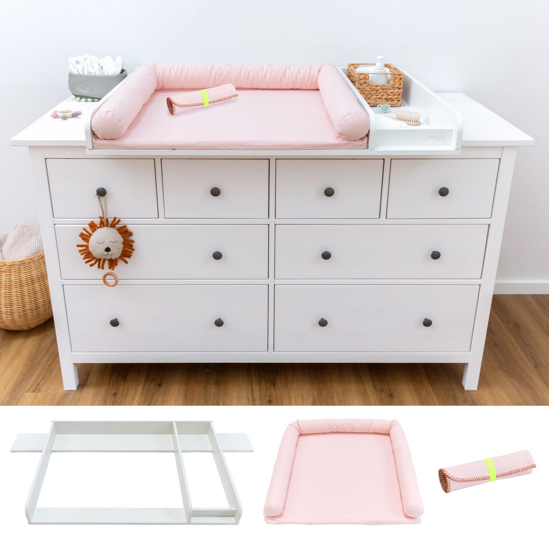 Wickelaufsatz Set für IKEA HEMNES – mit Aufsatz, Wickelauflage & Umrandung aus 100% Baumwolle (Blush