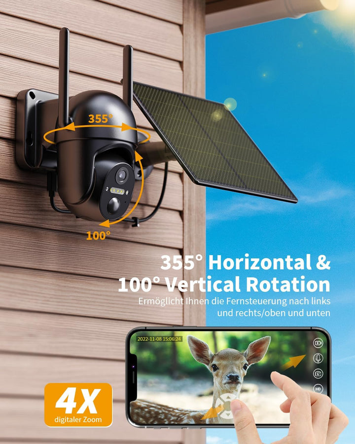 4G LTE Überwachungskamera Aussen Akku mit SIM Karte, 2K Kabellos Solar PTZ IP Kamera Outdoor Ohne WL