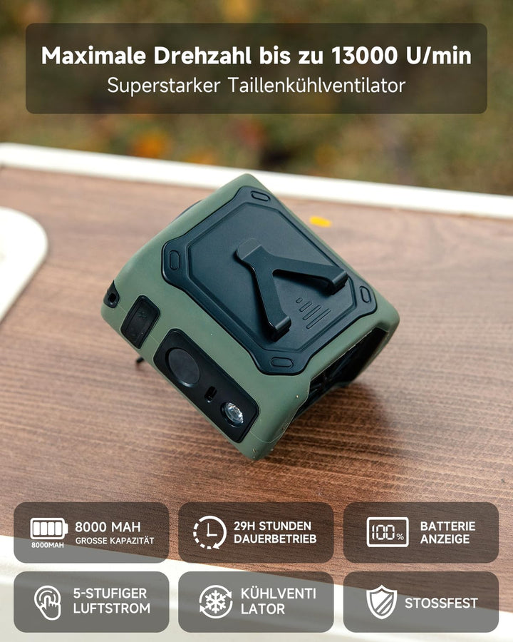 2026 Kühlung Tragbarer Taillenventilator,8000mAh 29H Laufzeit USB C Wiederaufladbar,5 Geschwindigkei