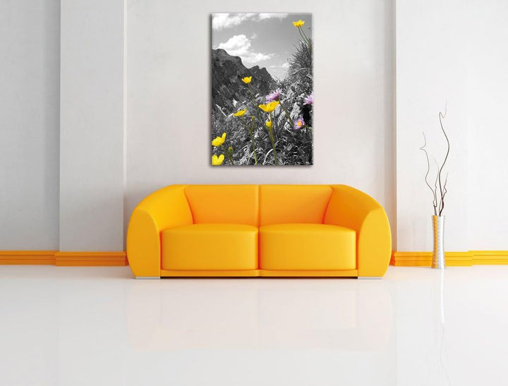 Pixxprint Traumhafte Blumenwiese im Frühling schwarz/weiss, Format: 70x100 auf hochkantiges Leinwand