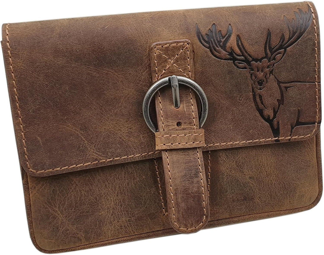 Echt Büffel-Vollleder Handtasche mit Tragegurt in Hoch- oder Querformat mit Hirsch-Motiv in Braun (M