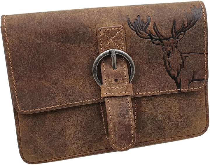 Echt Büffel-Vollleder Handtasche mit Tragegurt in Hoch- oder Querformat mit Hirsch-Motiv in Braun (M