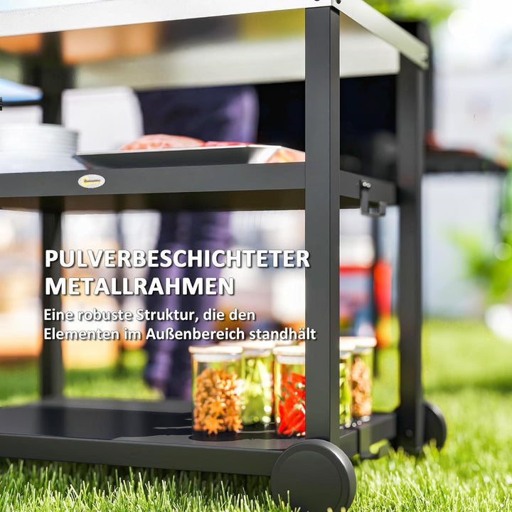 Outsunny Grillwagen 3-Etagen Servierwagen mit Arbeitsfläche Ablagen Haken Räder, Edelstahl BBQ Grill