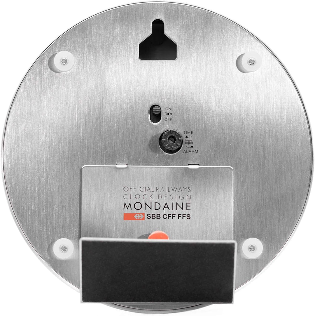 Mondaine - Wecker A997.MCAL.16SBB Tischuhr 125mm - Bahnhofsuhr aus Aluminium mit rotem Sekundenzeige